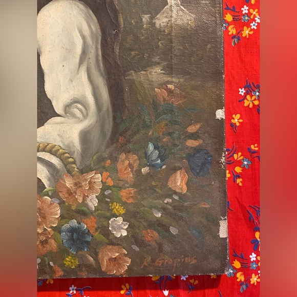 Vintage OIL ON CANVAS Young Girl Holding Basket Of Flowers Signed K. GROPIUS - Picture 6 of 13